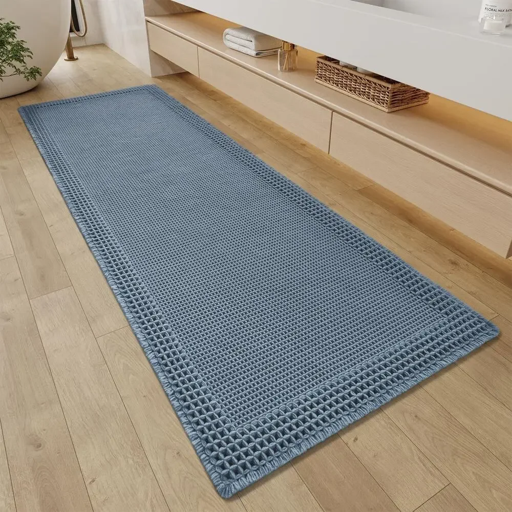 NEW Blue Waffle Bathroom Runner Rug Super Absorbent Bath Mat 2' X 6' Washable
